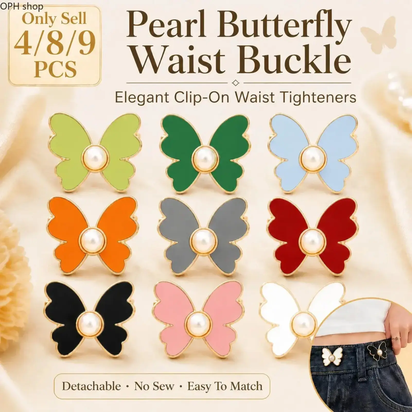 Pearl Butterfly Waist Tightener Clips - 4/8/9-Pcs No-Sew Detachable Adjustable Cinch Buttons for Jeans, Pants
