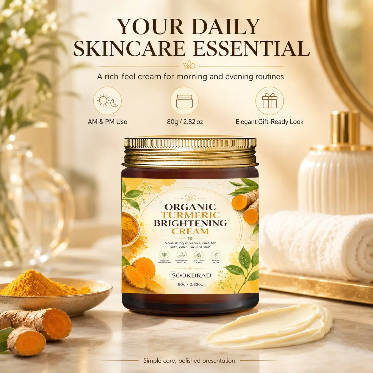 Turmeric Brightening Cream, organic turmeric, nourishing moisture, soothing care, radiant glow, for skin, all skin types, daily skincare, 80g/2.82oz