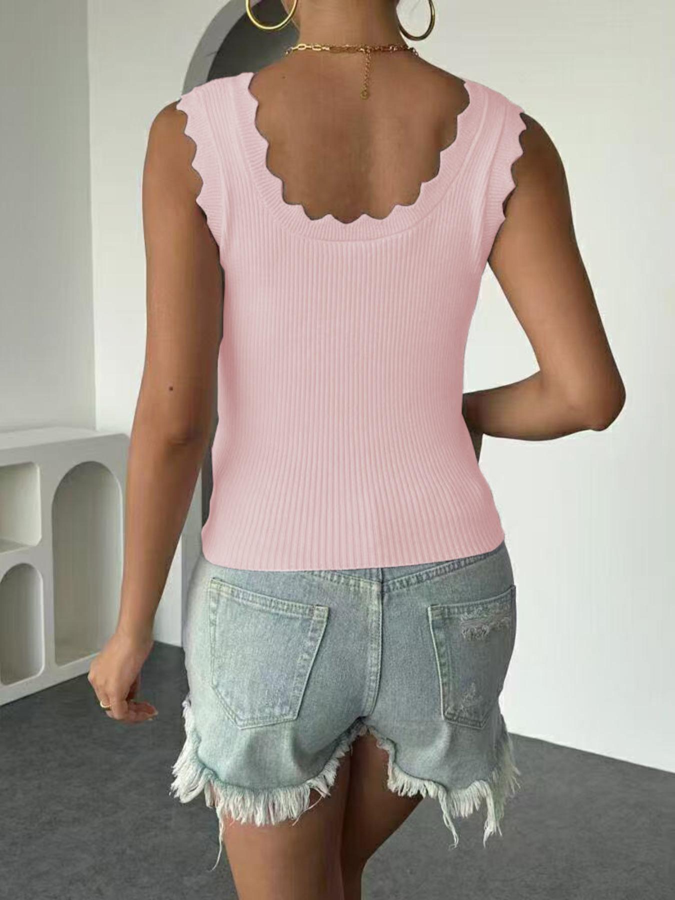2025 Trendy, Women's Plain Scallop Trim Square Neck Sweater Vest, Elegant Chic Sleeveless Knit Top for Summer, Fashion Women's Knitwear for Daily Wear