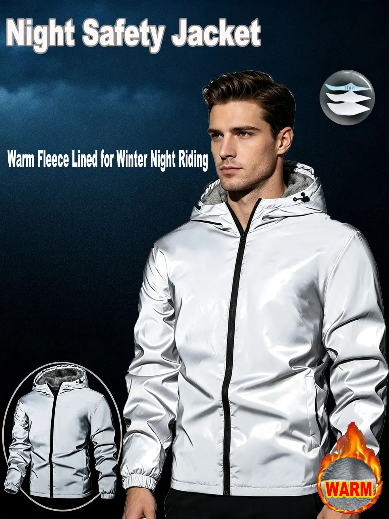 Men's Fall Winter Fleece Night Safety Jacket, Unisex Casual Riding Coat, Daily Wear Nighttime Safety Outerwear, Comfortable and Warm