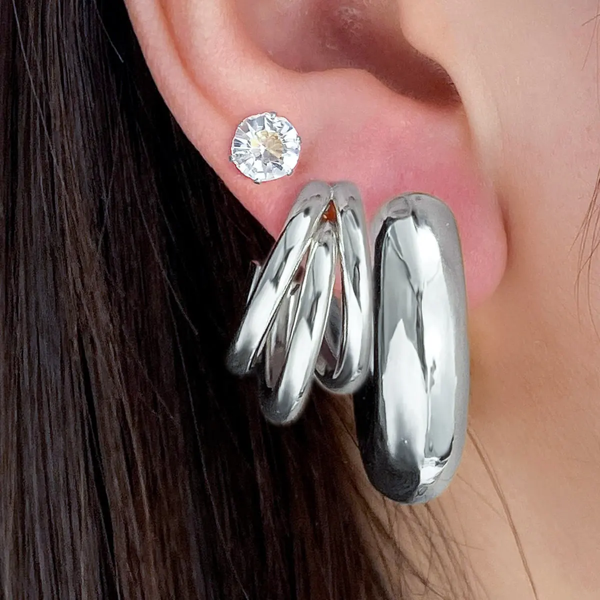 Women's Silver Chunky Hoop Earrings Set - Thick Waterdrop Teardrop Huggie Hoops, Layered 3-Wire Circle Studs, Action & Adventure Camping Hiking Sports Outdoor Jewelry