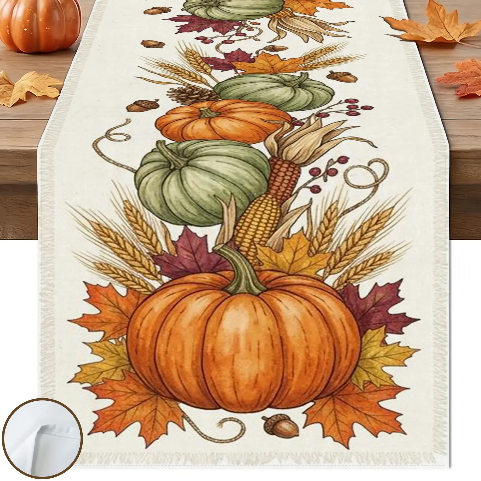 1pc Pumpkin Corn Table Runner, Watercolor Harvest Style, Orange Green Pumpkin Corn Wheat Maple Berry Design, for Thanksgiving Table Decor