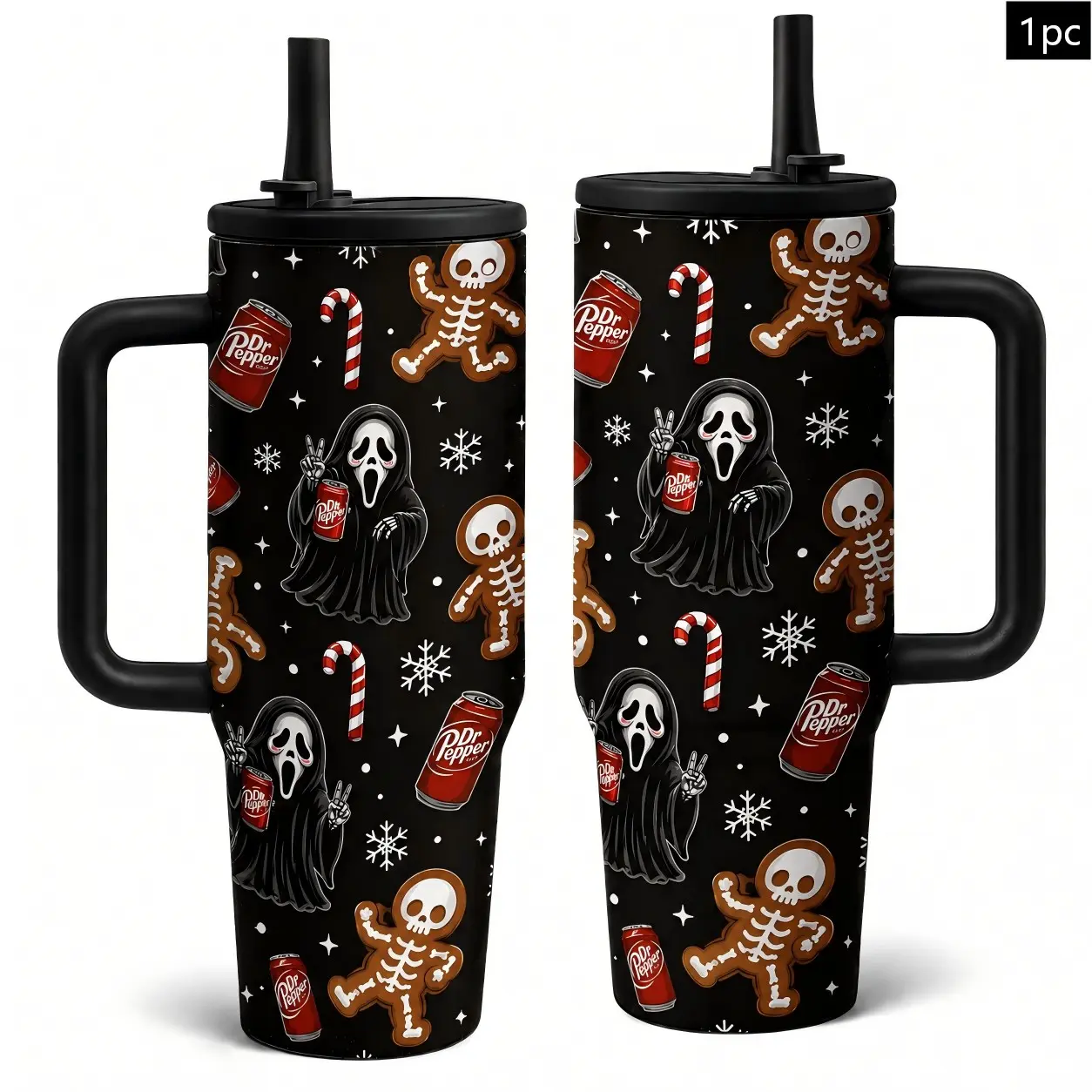 1PC Christmas Horror 40oz Stylish Tumbler With Handle Lid Straw, Ghost Face Dr Pepper Skeleton Gingerbread Man Insulated Stainless Steel Travel Cup, Winter Spooky Gothic Coffee Mug Holiday Gift For Women Car Travel Office, Insulated Vacuum Drinkware