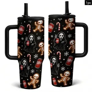 1PC Christmas Horror 40oz Tumbler With Handle Lid Straw, Ghost Face Dr Pepper Skeleton Gingerbread Man Insulated Stainless Steel Travel Cup, Winter Spooky Gothic Coffee Mug Holiday Gift For Women Car Travel Office, Insulated Vacuum Drinkware