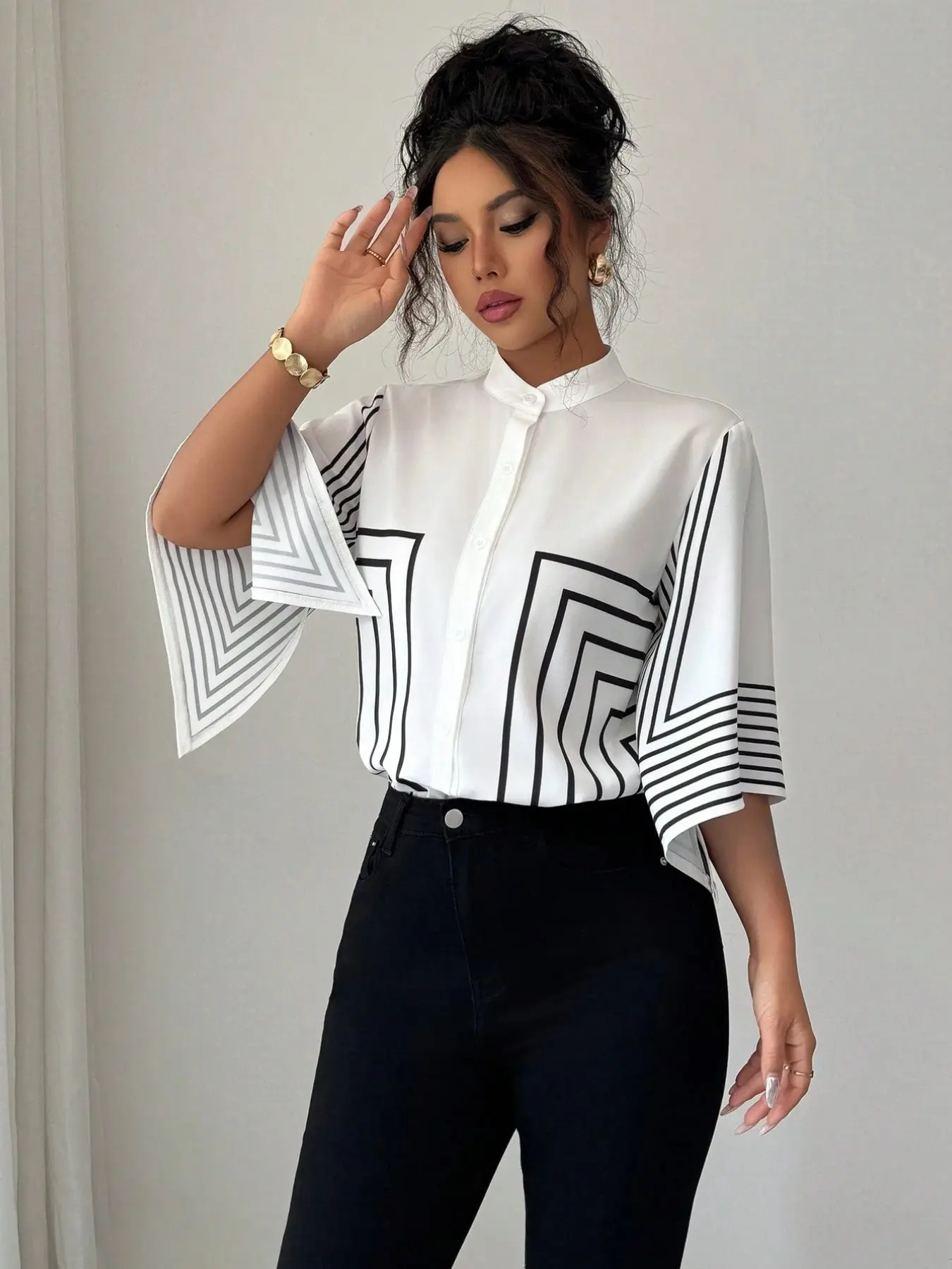 Elegant French Shirt Blouse, High Neck Digital Print, Asymmetric Geometric Design, Perfect for Spring Summer Vacation, Fashion Geometric Top