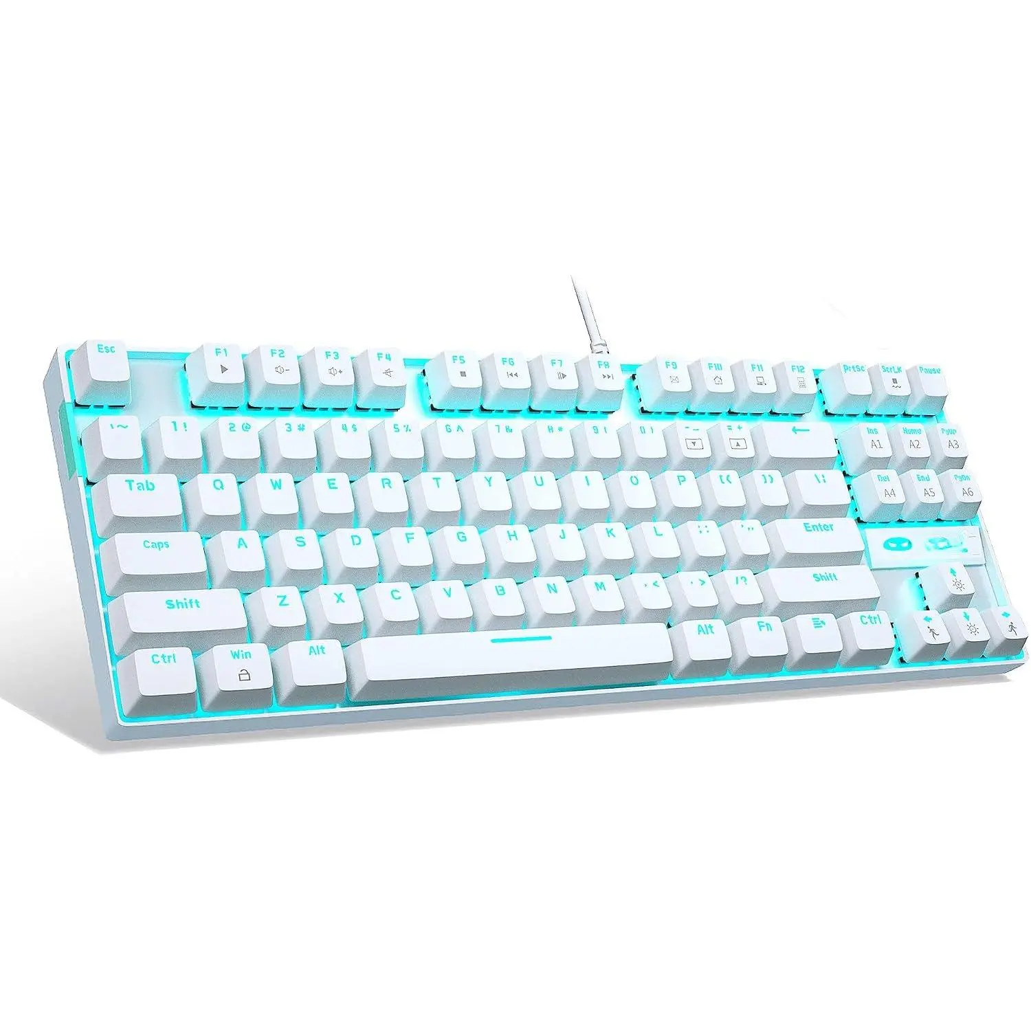 Mechanical Gaming Keyboard with Blue , Compact 87  Wired  Keyboard for Windows Laptop PC Gamer, LED Ice Blue Backlit, White