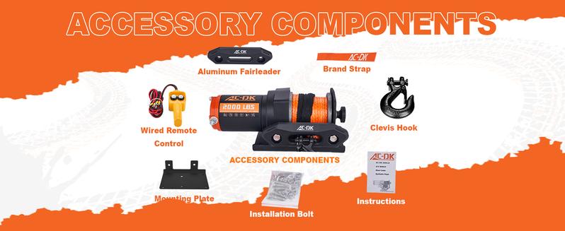 AC-DK 12V 2000-lb. ATV/UTV Electric Winch, Off-Road Synthetic Rope Winch for Trailer Boat RV Towing Winches, ATV/UTV Winch with Big Yellow Wired Remote and Winch Mounting Plate