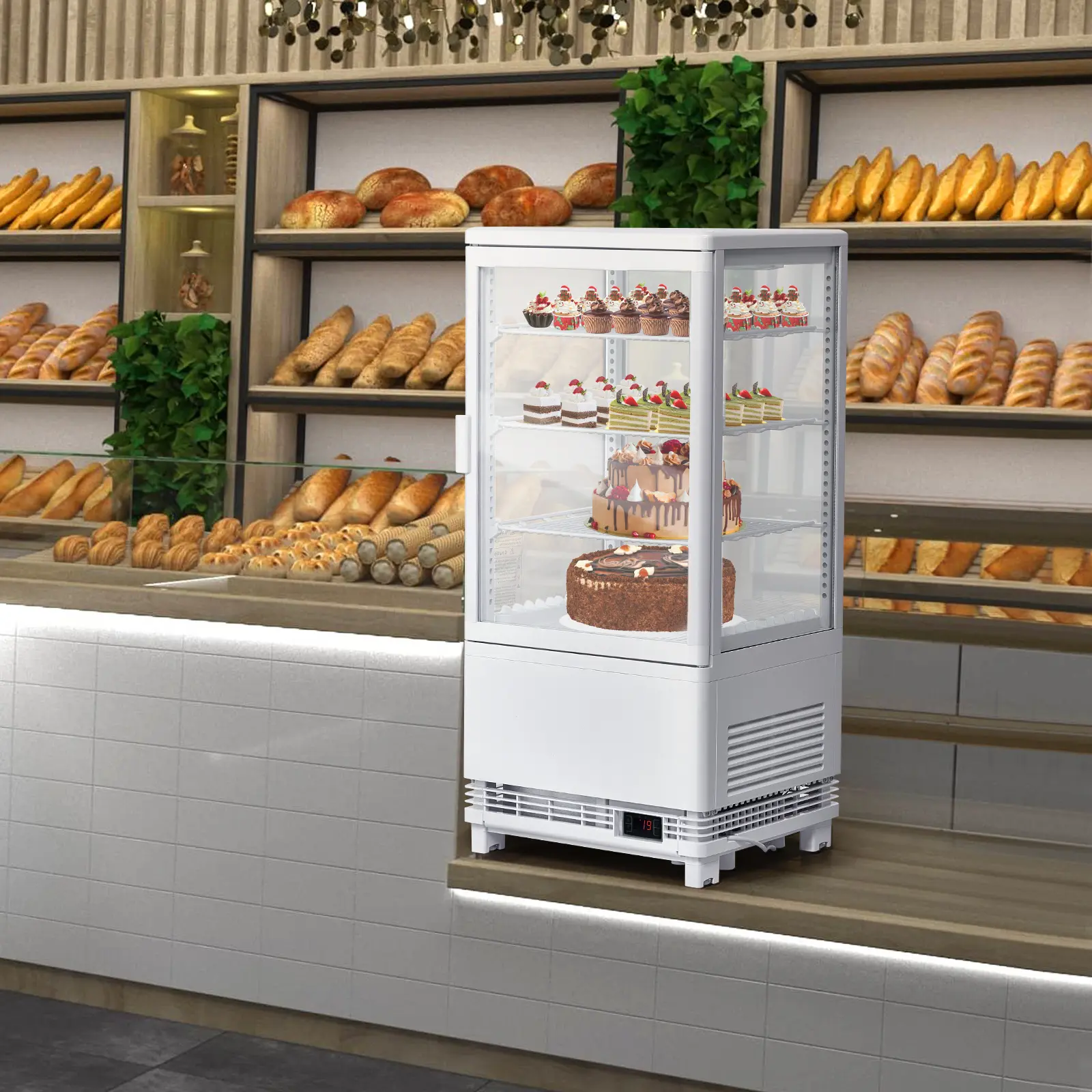 2.8 Cu.Ft. Commercial Countertop Refrigerator, White 3-Tier Pastry Display Case with LED Lighting, Frost-Free Sliding Door Display Fridge for Bakery Cafe Restaurant, Single-Door Bakery Display Refrigerator