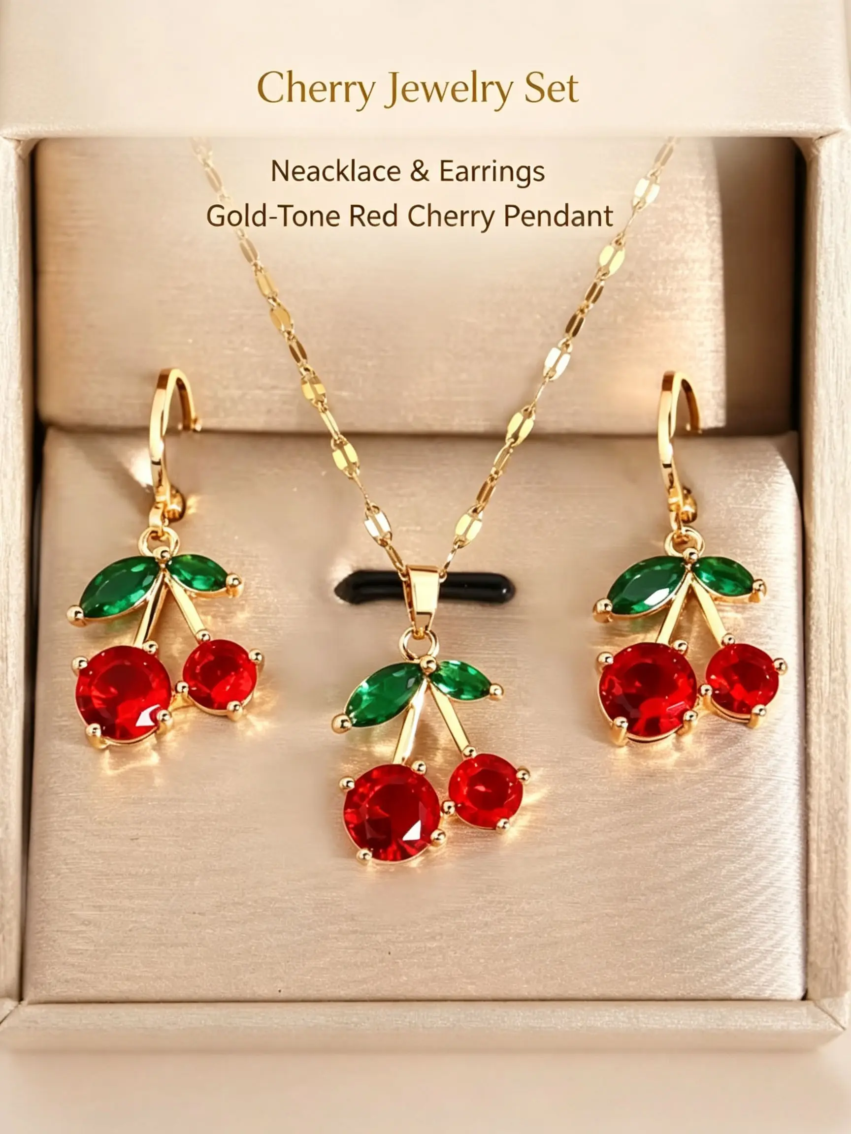 Women's Cherry Necklace Earrings Set, Cherry Zircon Elegant Jewelry, Gift for Girlfriend Mother Birthday