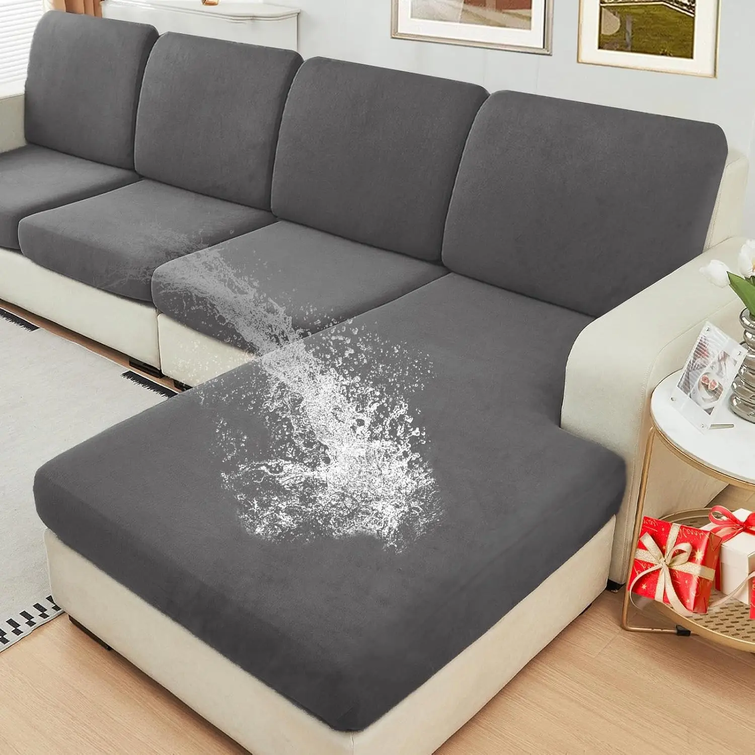 Waterproof Couch Cushion Covers Thick Velvet Fabric Washable Sofa Slipcovers Sectional Couch Covers for 4 Pieces Separate L Shape Couch Cover with Elastic Bottom(3 Seater + 1 Chaise,Grey)