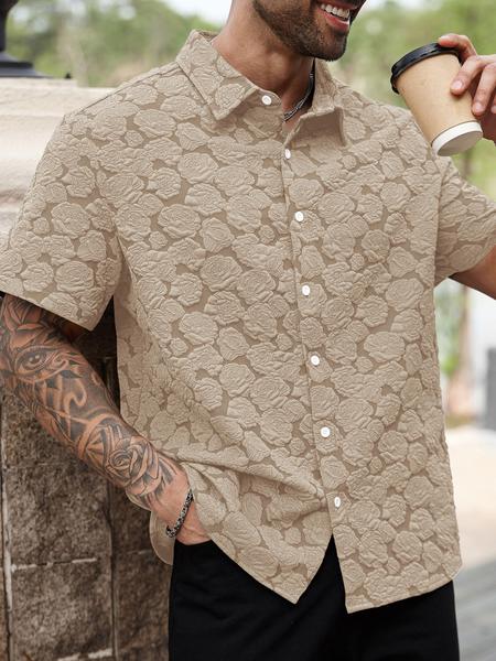 Men's Rose Print Short Sleeve Shirt, Casual Button Collared Loose Casual Soft Comfy Button Up Top for Summer, Men's Clothes for Daily Wear