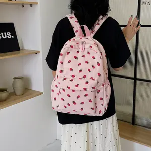 2026 Women Pink Strawberry Print Corduroy Backpack, Preppy College Style Daypack with Laptop Sleeve, Lightweight Casual Shoulder Bag Ideal for School, Commute, Travel and Daily Outfits