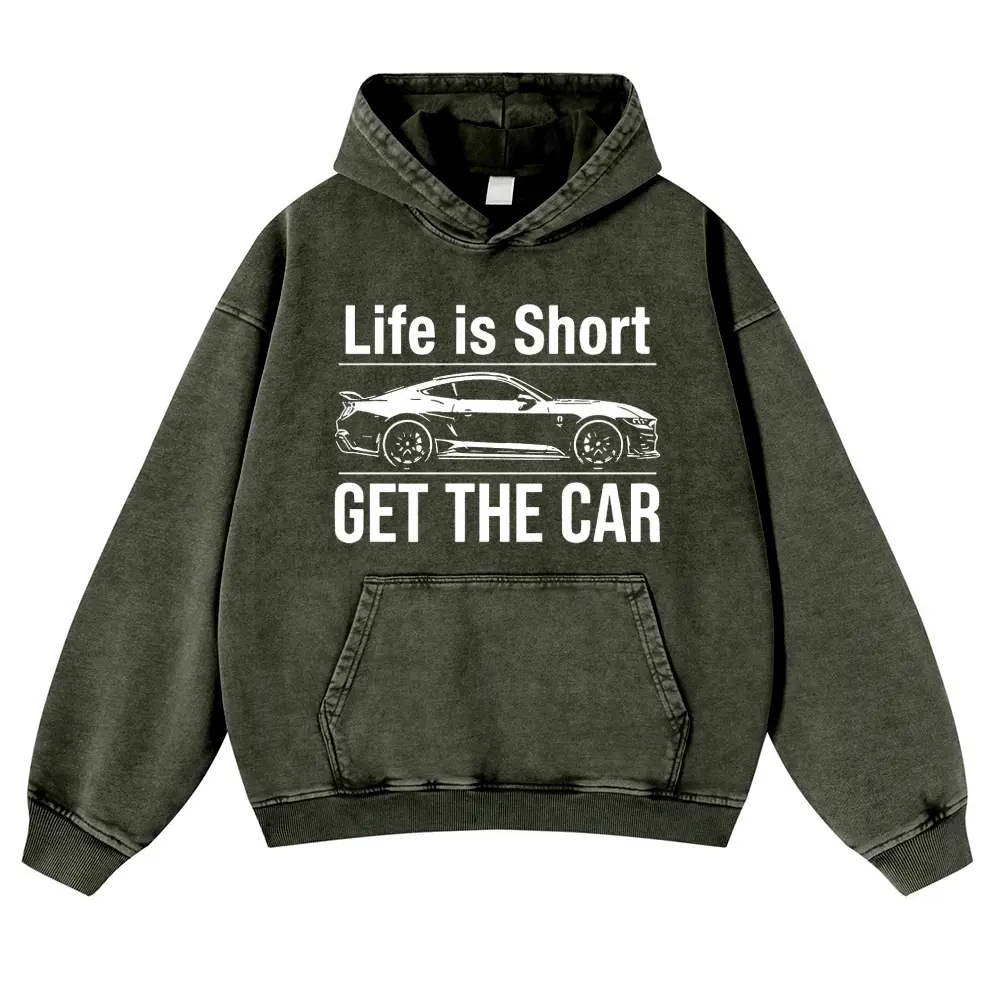 Vintage Acid Wash Black Graphic Hoodie | Unisex Oversized "Life is Short Get The Car" Streetwear Pullover | Funny Car Guy Gift Sports Car Sweatshirt Y2K Aesthetic