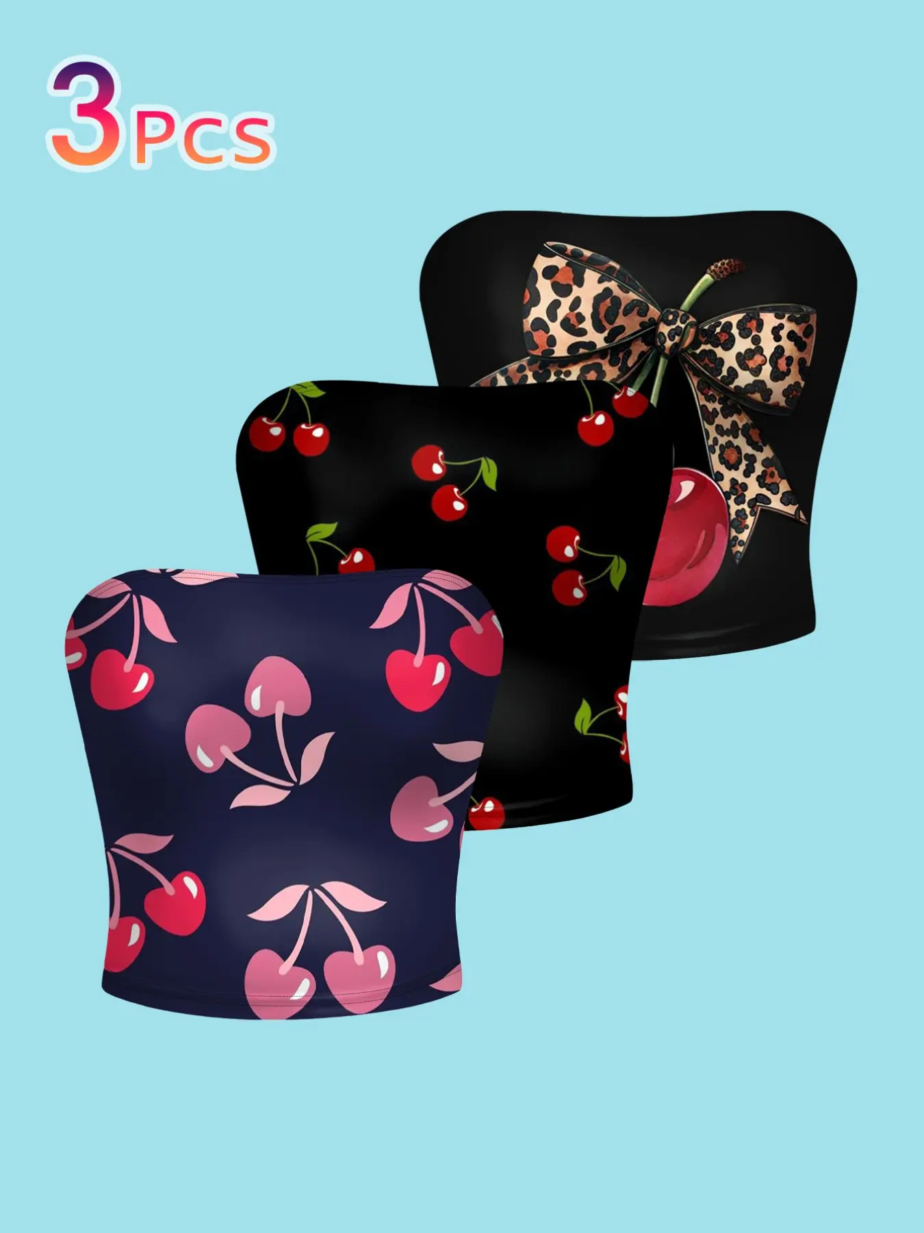 3-Pack Sweet Punk Style Casual Fitted Sleeveless Cherry Leopard Butterfly Knot Tube Top, Retro Fruit Print Short Slim Fit Vest, Y2K Millennium Inner Outer Wear Base Layer