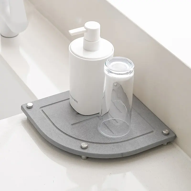 Garvee 2-Pack Grey Diatomite Quick-Drying Water-Absorbing Stone Trays - Marble-Look Minimalist Decluttering Bathroom & Kitchen Organizer for Soap, Sponge, Dispenser Holder