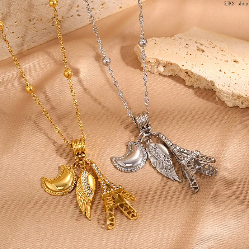 Gold Tone Multi Charms Necklace, Retro Eiffel Tower Wing Moon Rhinestone Pendant Adjustable Chain Necklace for Women