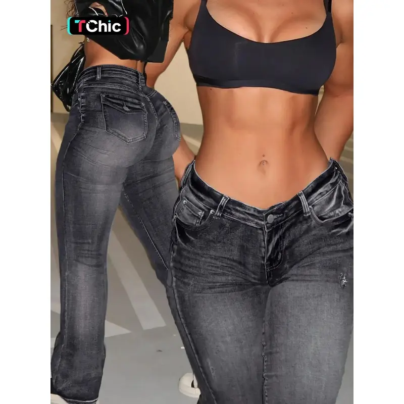 Women's Mid-Stretch Flared Vintage Wash Jeans, Vintage Mid-Low Waist Flare Jeans, Starched Jeans for Girls, 90s Outfits, Streetwear, Mom Jeans, Cute Bell-Bottomed, for All Seasons and All Occasions, Womenswear, Basic Black