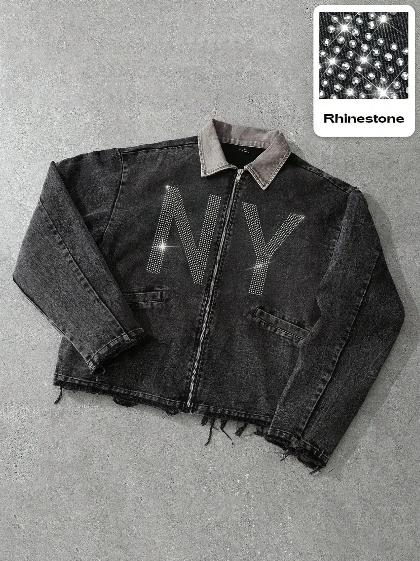 Men's Fashion Retro Jacket, Creative Vintage Ny Pattern Rhinestone Full Print, Comfortable Versatile Material, All Seasons Wear