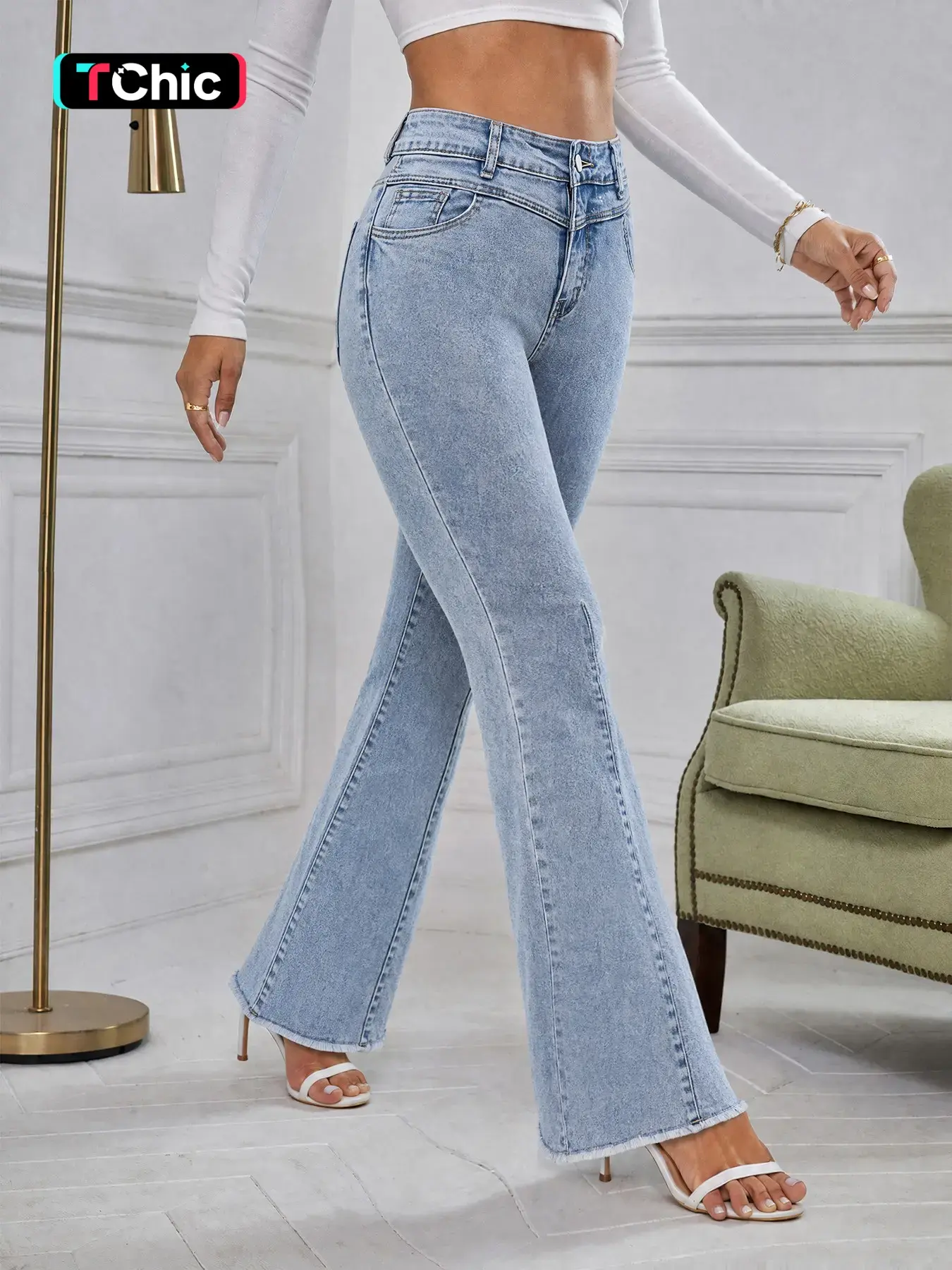 American Vintage V-Shape Dual Waist Flare Denim Jeans, High Elastic Mid-Waist Frayed Hem, Slimming Bell Bottom Pants for Women