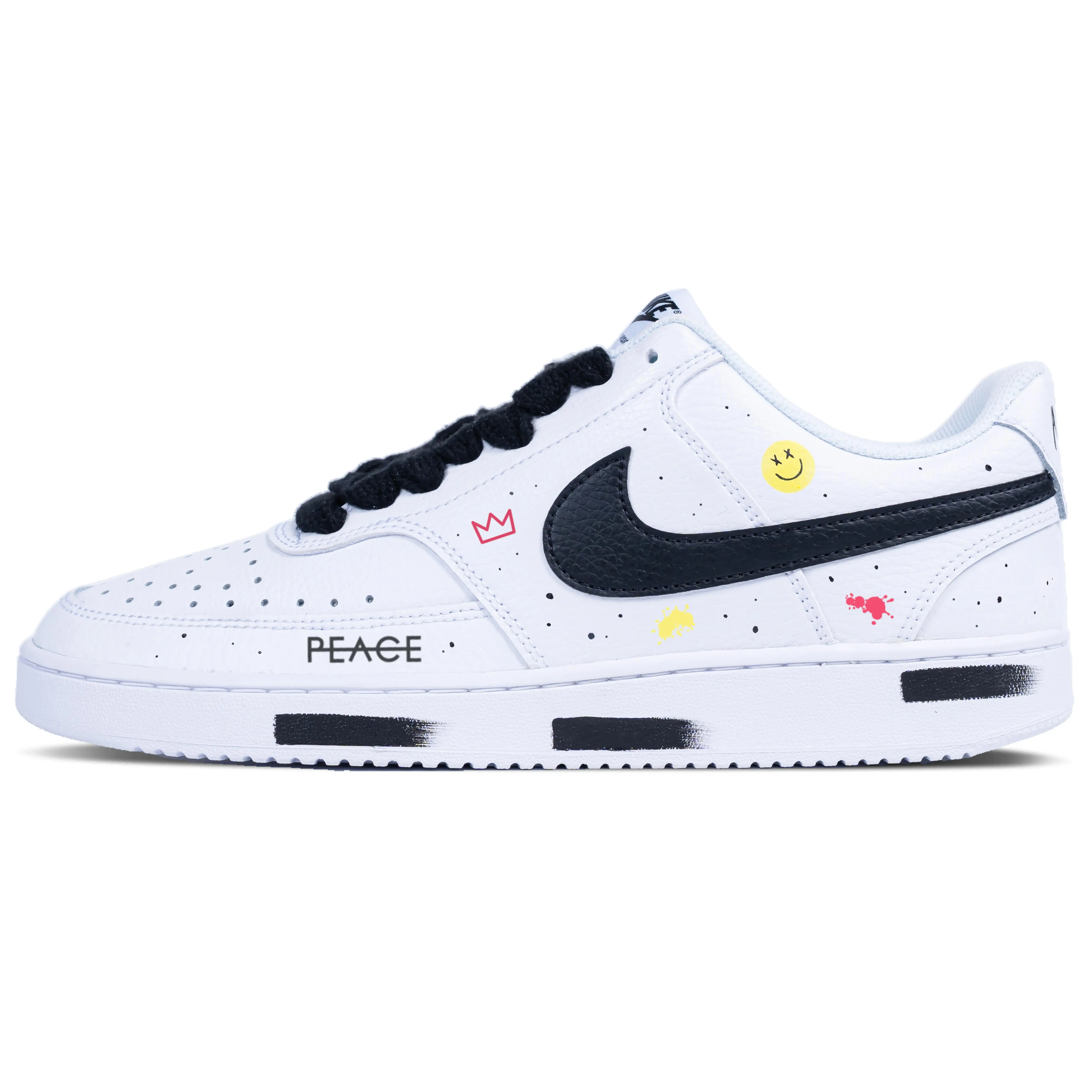 Nike Court Vision 1 Low Men's Sneakers with Smiley Face, Splatter, Graffiti, Minimalist Design Verifiable, with credentials and supporting global authentication