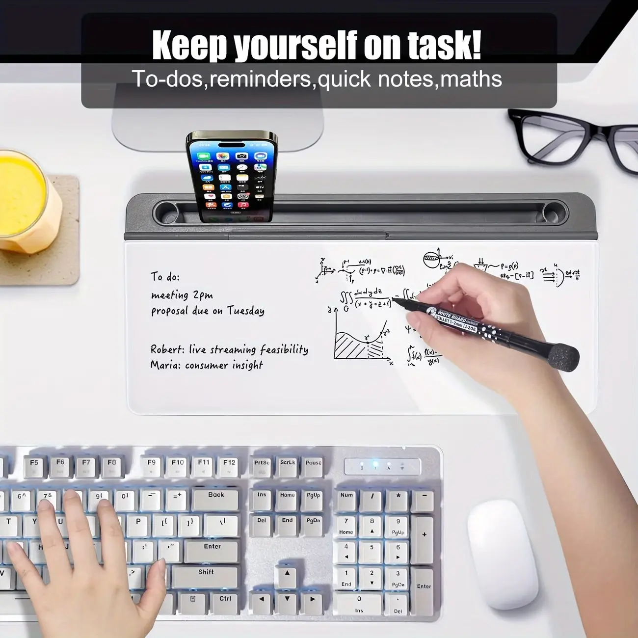 Glass Desktop Whiteboard with Storage Drawer & Keyboard Stand, Dry Erase Glass Writing Board, Office Desk Organizer, Desktop Accessories, Easy Clean Surface, Office Accessory, Office Desk Supplies