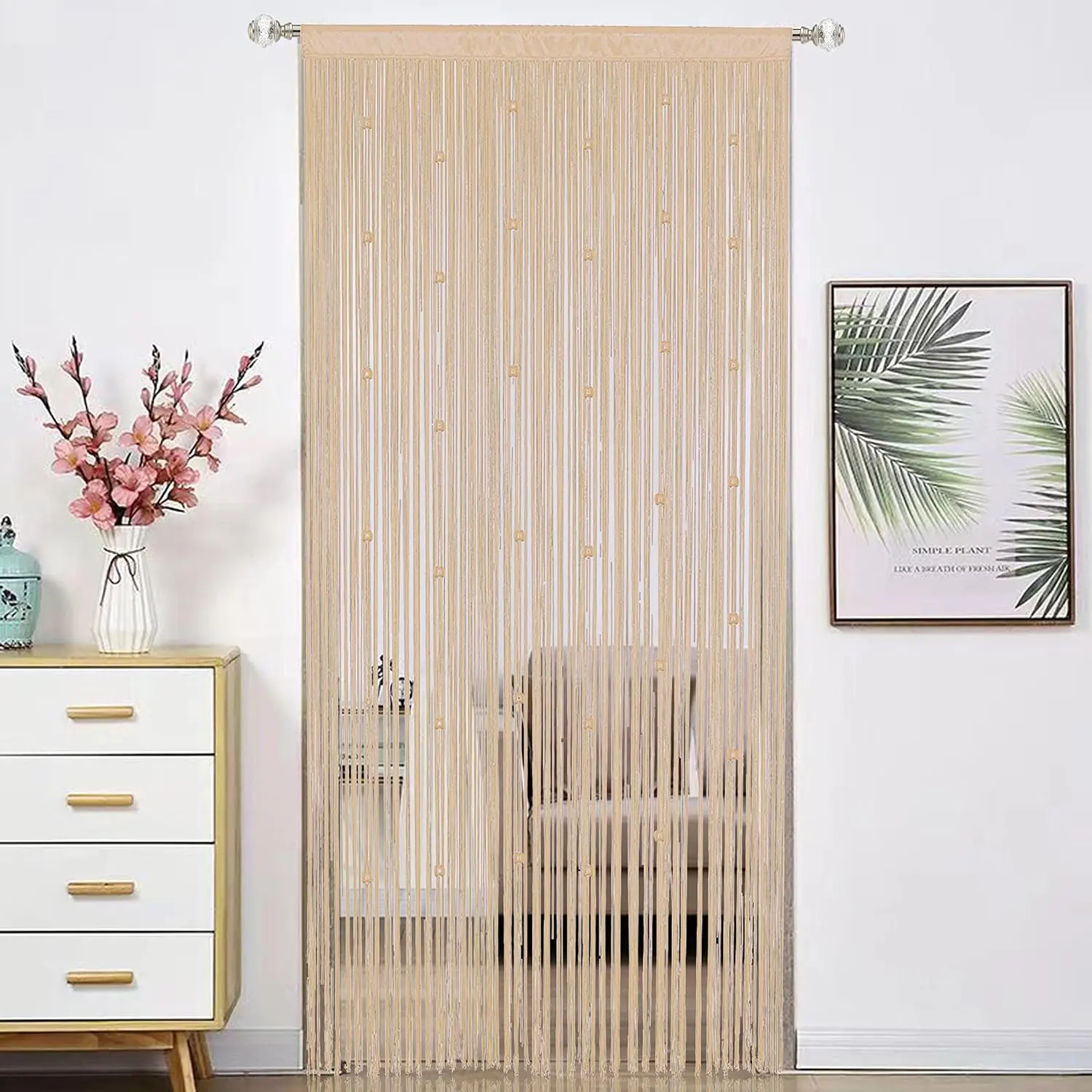 Beaded Curtain Beads Door String Curtains Ideal for Living Room Decor Wall  Fringe Doorway Divider Bedroom Backdrop Hippie Window Closet  Rod Pocket Dense (100x200cm,Beige)