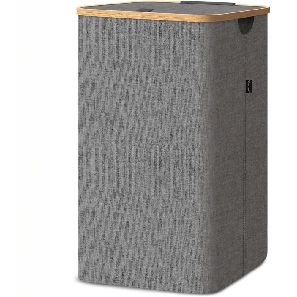 Laundry Hamper with Lid, Tall Laundry Baskets with Bamboo Pull Handles, Large Laundry Bin with Internal Support (26 Gal/100L, Grey)