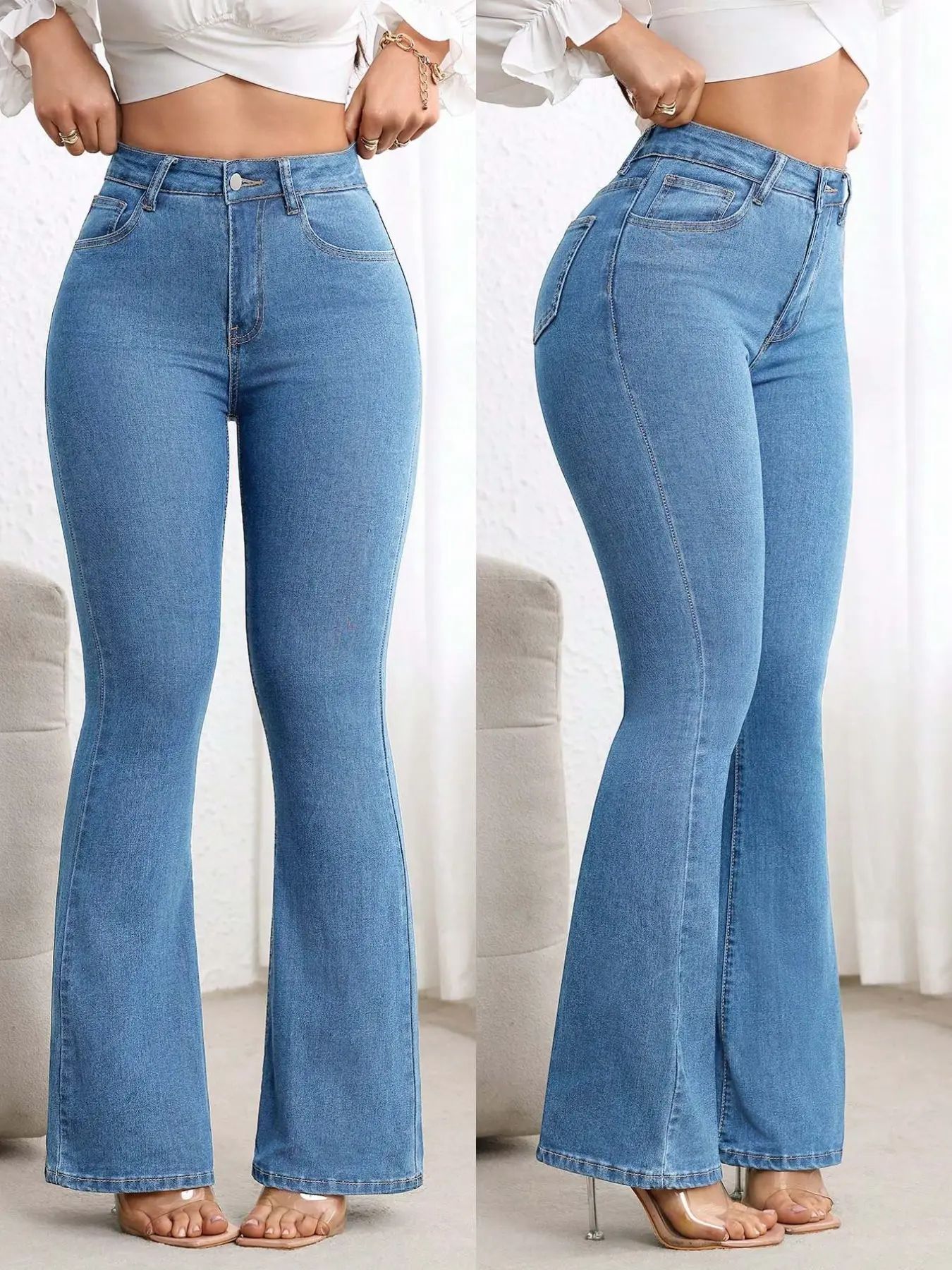 Women's Light Blue High-Waisted Micro Flare Jeans, Butt Lifting and Height Enhancing, Versatility for Office Wear, Perfect for Daily Use