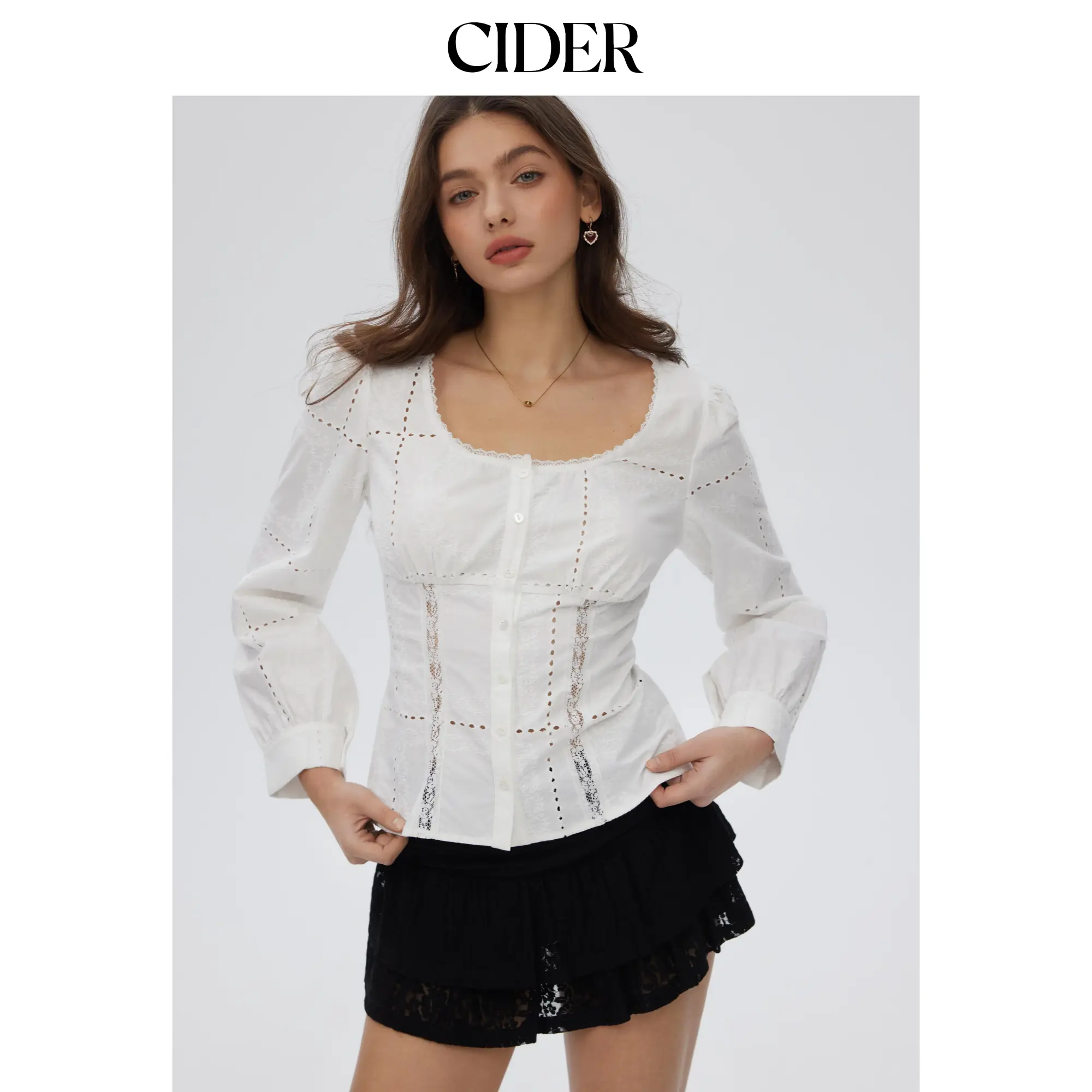 Cider Textured Scoop Neck Lace Panel Blouse SummerFinds