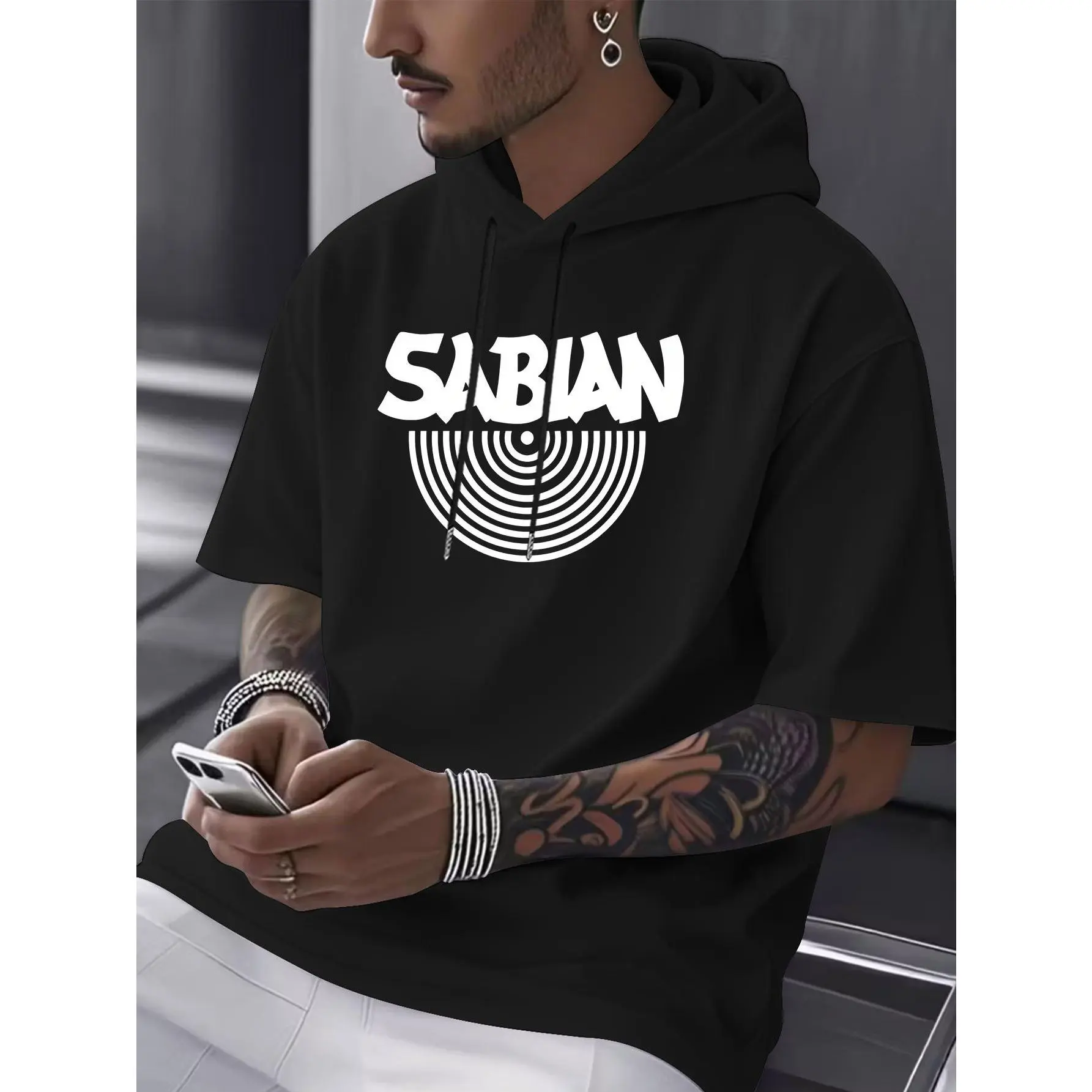 Men'S Hooded Sweatshirt T-Shirt, Unique Casual Short-Sleeve Hoodie, "SABIAN" Drum Mouse Print Short-Sleeve, Trendy Music Style Casual Top, Retro Fashionable Outfit, Lightweight Breathable Sports Short-Sleeve