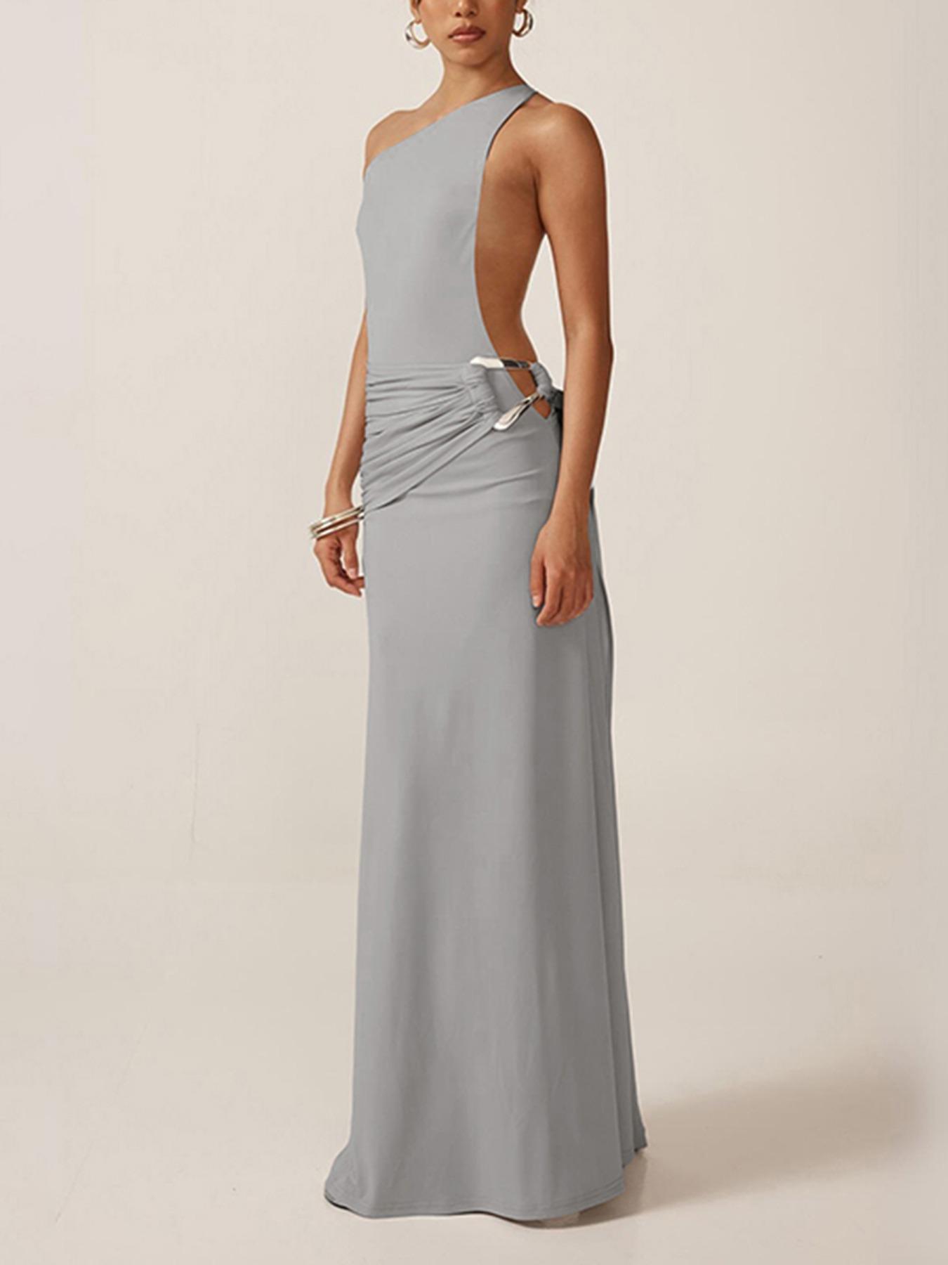 Women's Plain One Shoulder Backless Dress, Elegant Sleeveless Maxi Dress for Party Dating Formal Wear, Ladies Summer Clothes