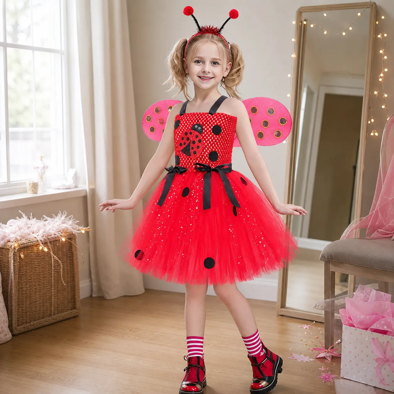 Girls Ladybug Costume Dress Set with Wings and Antenna Headband, Red Black Cartoon Insect Halloween Outfit