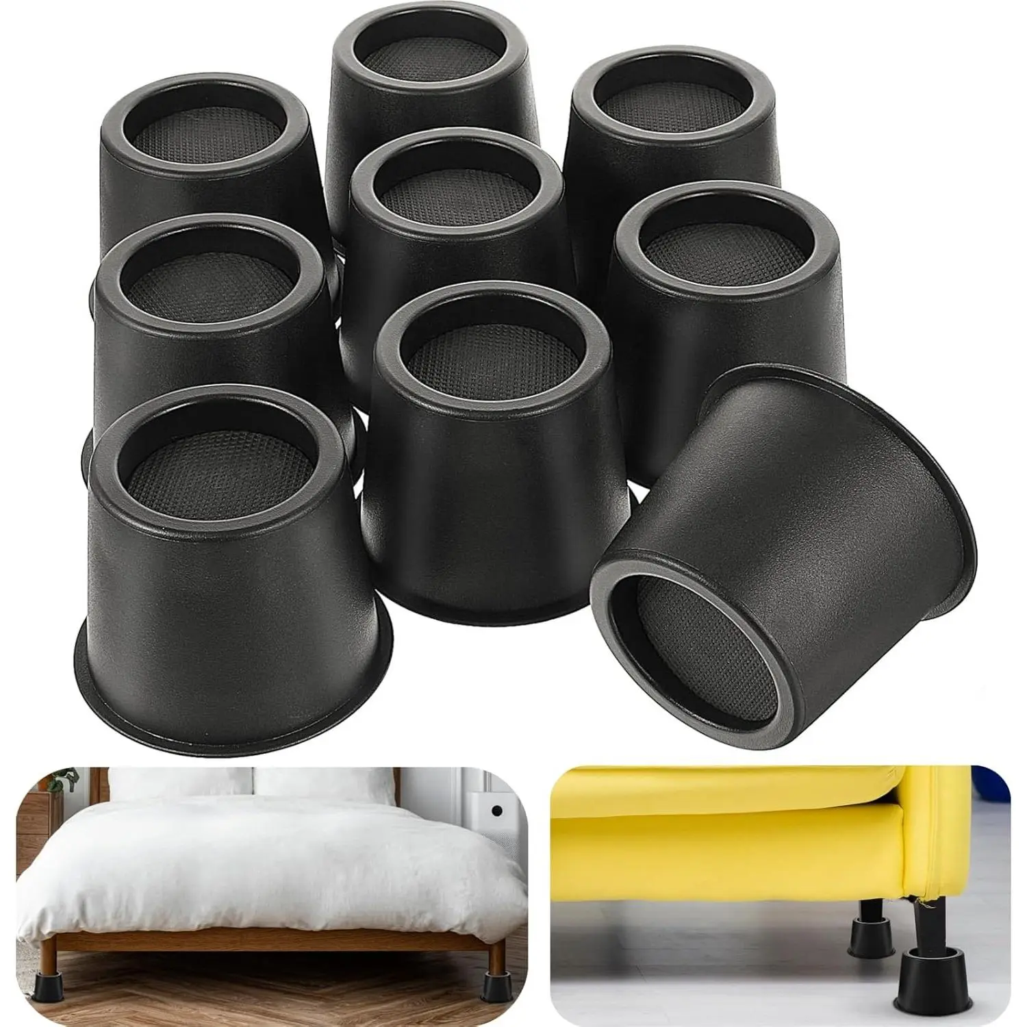 9 Pcs Round Bed Risers, Bed Risers Duty, 4 Inch Furniture Raising Blocks, Black Lifts with Non-Slip Foam Pads, Dorm Bed Frame Extenders for Desk Chair, Table Legs, Sofa Couch