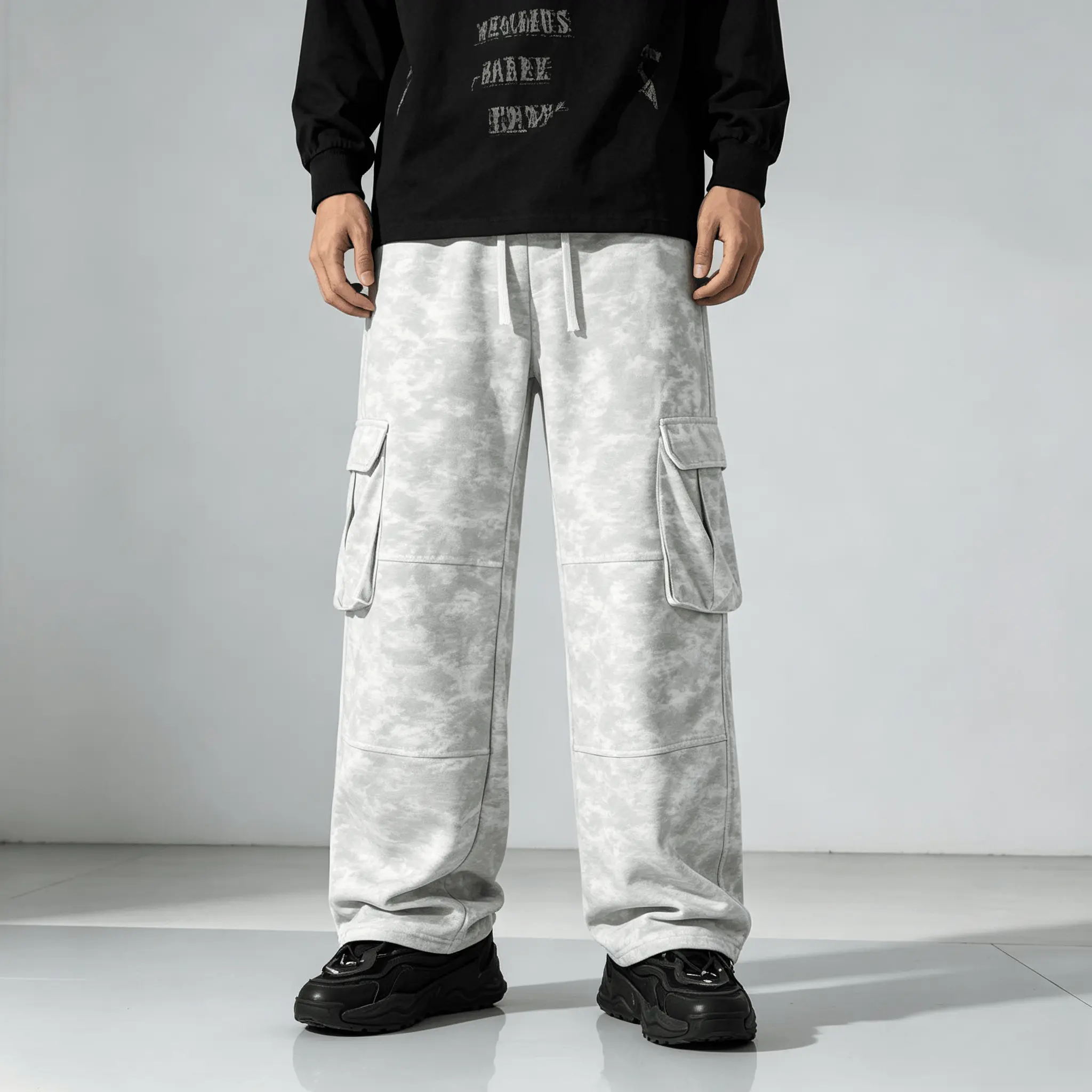 Men's Grey Tie Dye Cargo Sweatpants Loose Wide Leg, Multi-Pocket, Elastic Waist with Drawstring, Casual Streetwear for Teen Men's Daily Hip Hop Outfits Fit Thermal Hiking Snowpants Lightweight Workout homug men zipper closure durable outdoor training pant