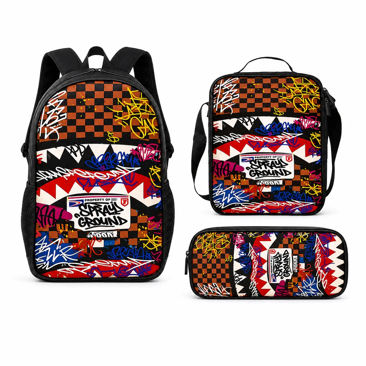Urban Graffiti Shark 3-Piece Backpack Set, Checkerboard Street Art School Bookbag with Matching Lunch Bag and Pencil Case, Colorful Backpack for Kids Teens, Gift, Urban Art Travel Daypack Gift