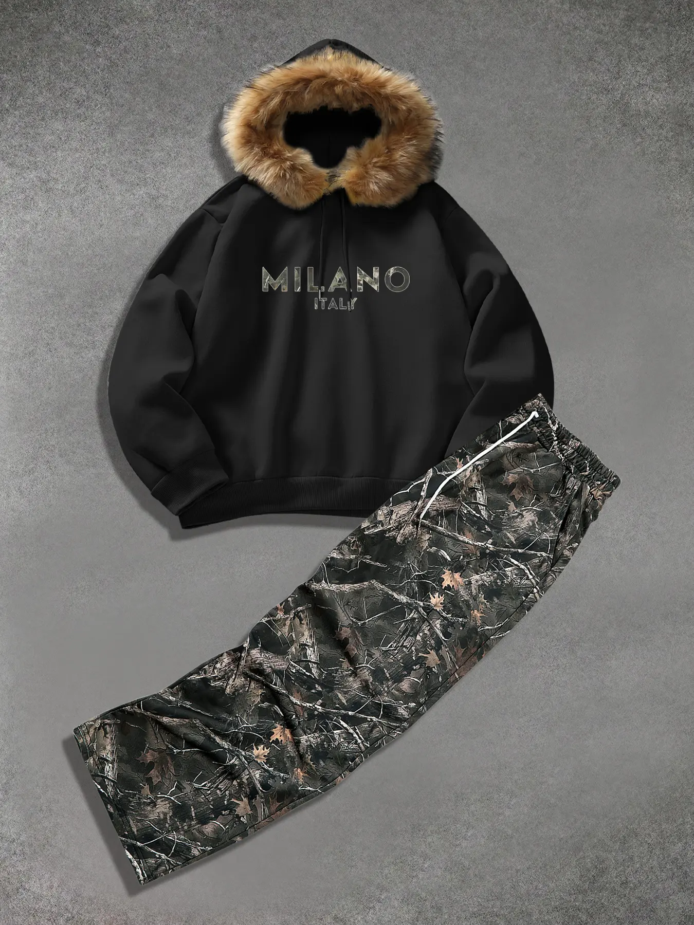 Men's Milano Letter Print Hoodie & Sweatpants Set, Detachable Faux Fur Collar, Street Style Casual Wear, Fall & Winter Long Sleeve Two-Piece