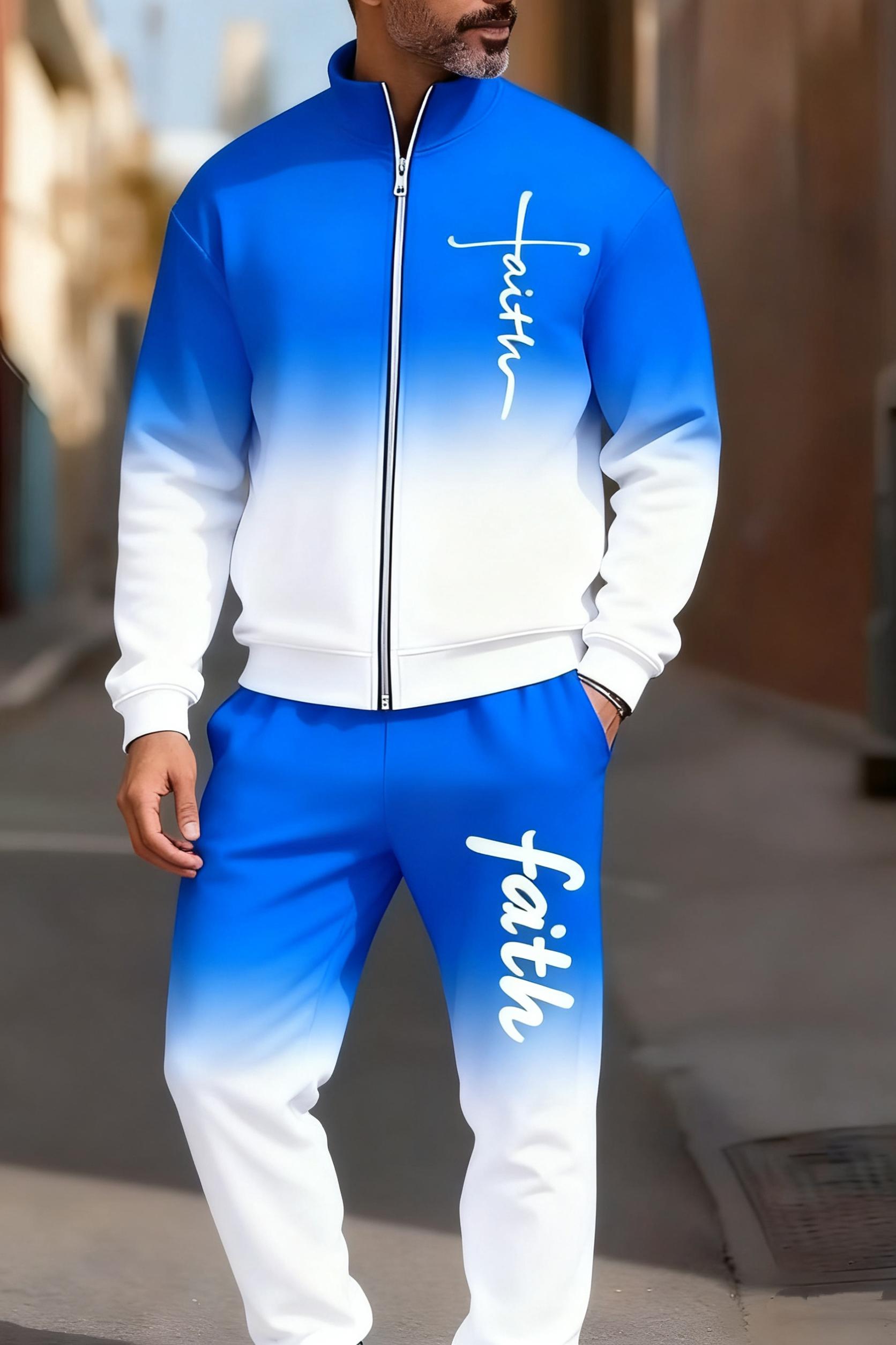 Men's fashionable and casual sportswear featuring a gradient digital print, including a stand-up collar cardigan jacket and pants, making it a two-piece set suitable for daily casual wear and trendy gradient sportswear series, Sporty Style Breathable Acti