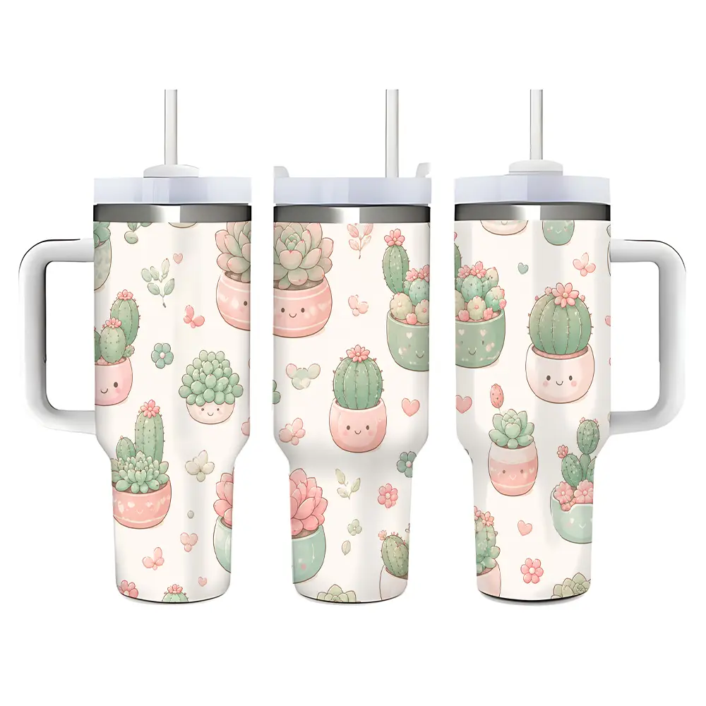 40oz Stainless Steel Succulent Cactus Pattern Vacuum Insulated Flask Tumbler with Handle, Straw, Lid - Travel Coffee Cup, Ideal Birthday Holiday Gift, Flasks