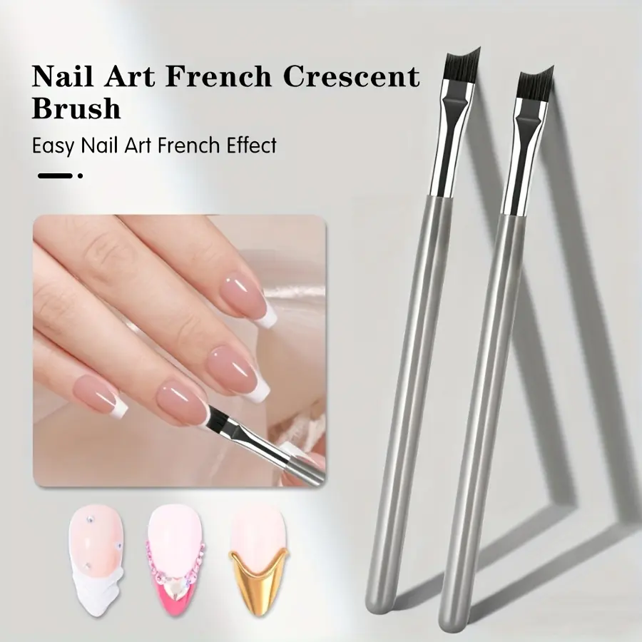 2Pcs French Crescent Nail Art Brush, Acrylic Metal Handle Curved Pre-Set Bristles Nail Drawing Pens, Professional French Tip Painting Tools For Home DIY Salon Manicure