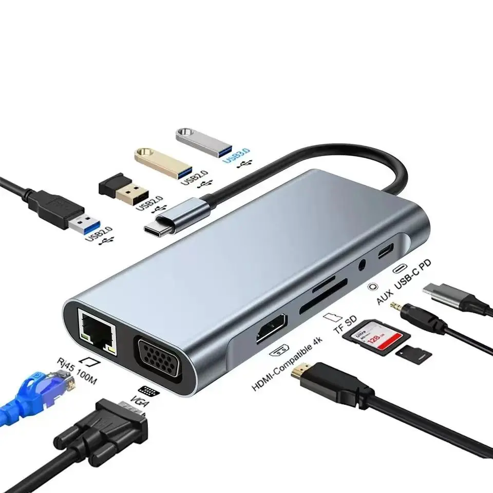 Upgraded USB-C Hub Splitter, Thunderbolt 3 Docking Station, Type-C Laptop Adapter with 100M RJ45, HDMI, SD & TF Card Slots, Compatible with USB-C Flash Drives