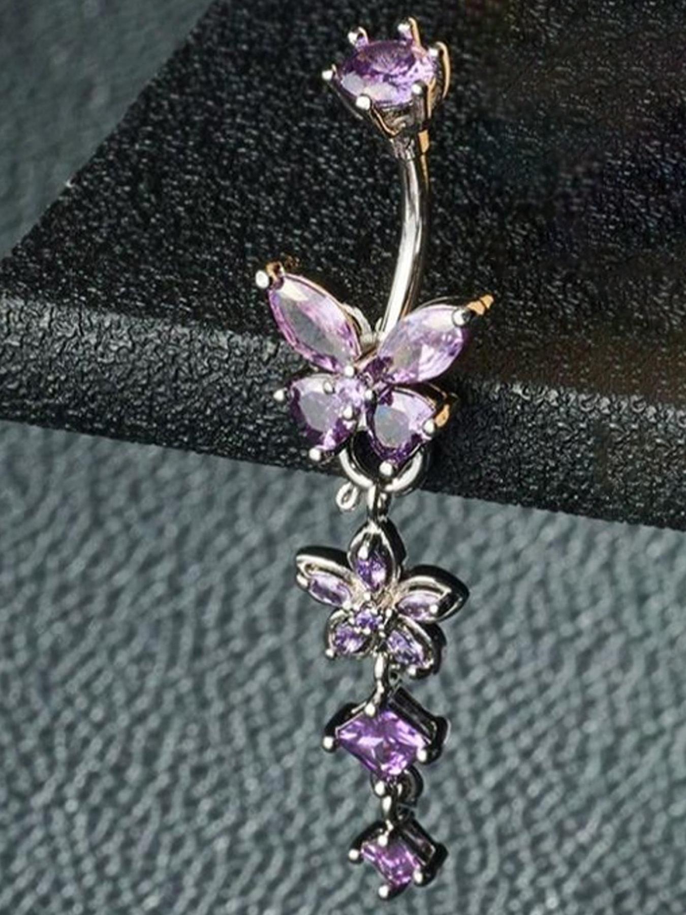 Detachable Flower Dangle Belly Button Ring Cute Butterfly Removable Belly Rings Stainteel Steel Navel Piercing Jewelry For Women, 10mm Silver Pink Purple Blue Belly Button Piercing Body Piercing 14Gauge