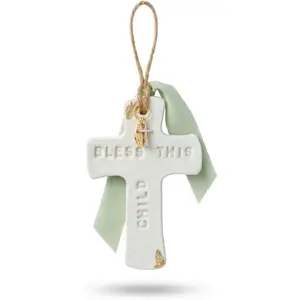 The Makerie cr Bless This Child Nursery Wall Cross, Handmade with love in Costa Rica, Clay Ornament with Virgin Mary Charm, Baby Shower or Baptism Gift, Sage Green Ribbon