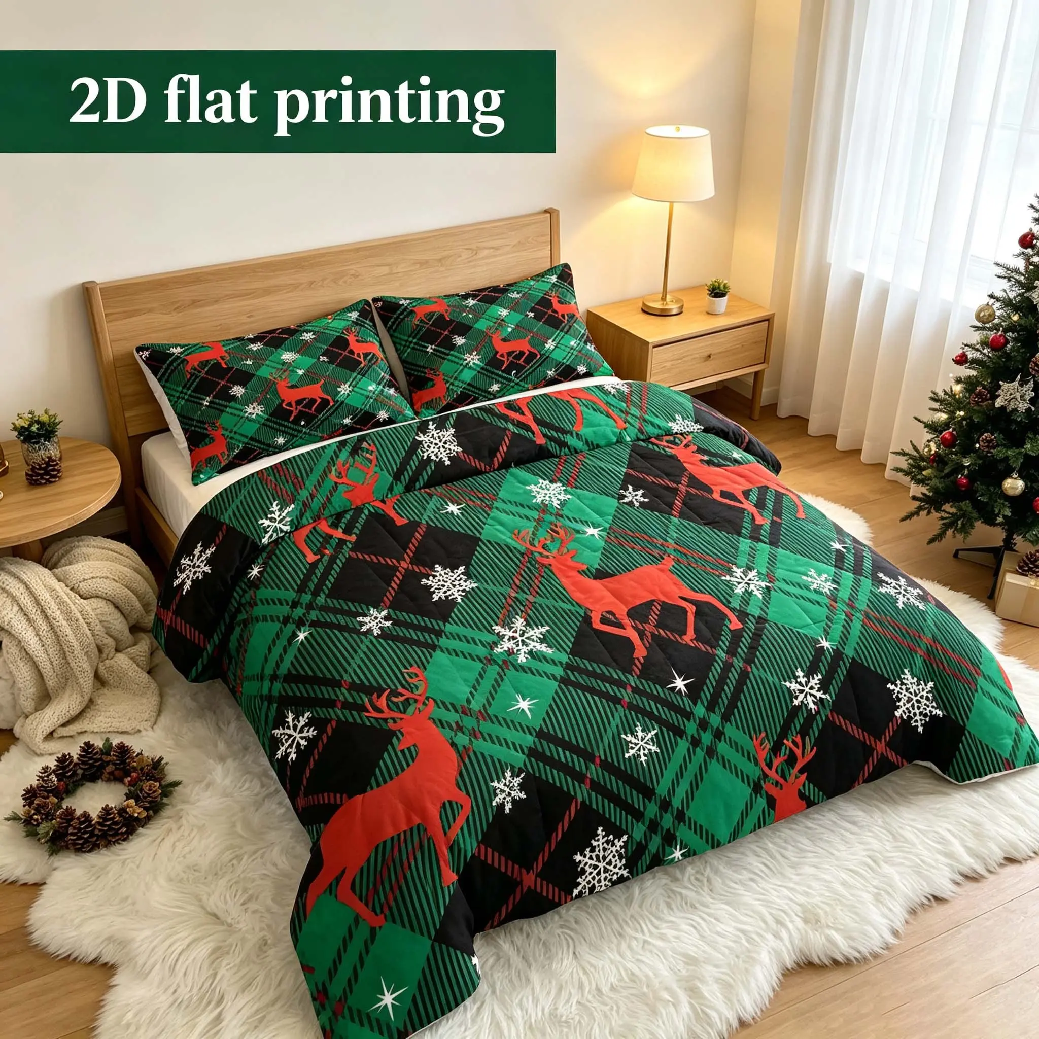 3pcs-2D flat printed green herringbone pattern red reindeer snowflake Christmas quilted quilt set, soft and washable quilt combination, (1 quilted quilt+2 pillowcases) retro holiday style bedroom universal bedding
