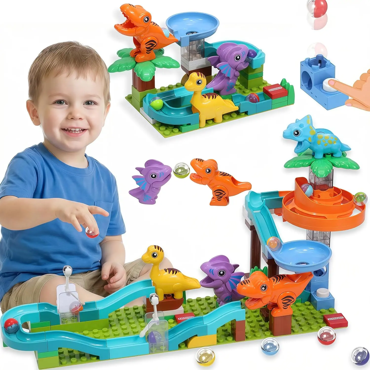 Dinosaur Marble Run Building Blocks Toy - Expandable, Easy to Build, Dinosaur Figurine Buildings, Preschool Montessori Game, Christmas Gifts for 3-8 Years Old Kids, Children Development Toy Compatible with Major Brands