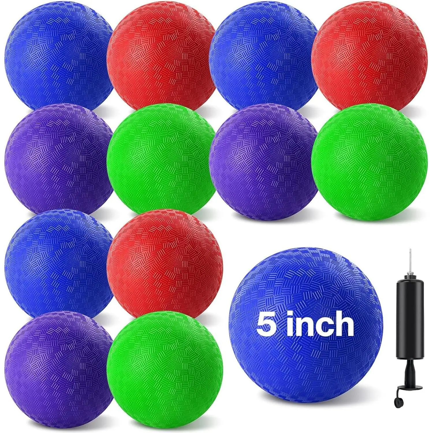12 Pcs 5 Inch 4 Color Inflatable Rubber Dodgeball Kickball Playground Ball with Hand Pump for Outdoor Ball Games Gym Camps Picnic (Needle is at The Top of The Pump)