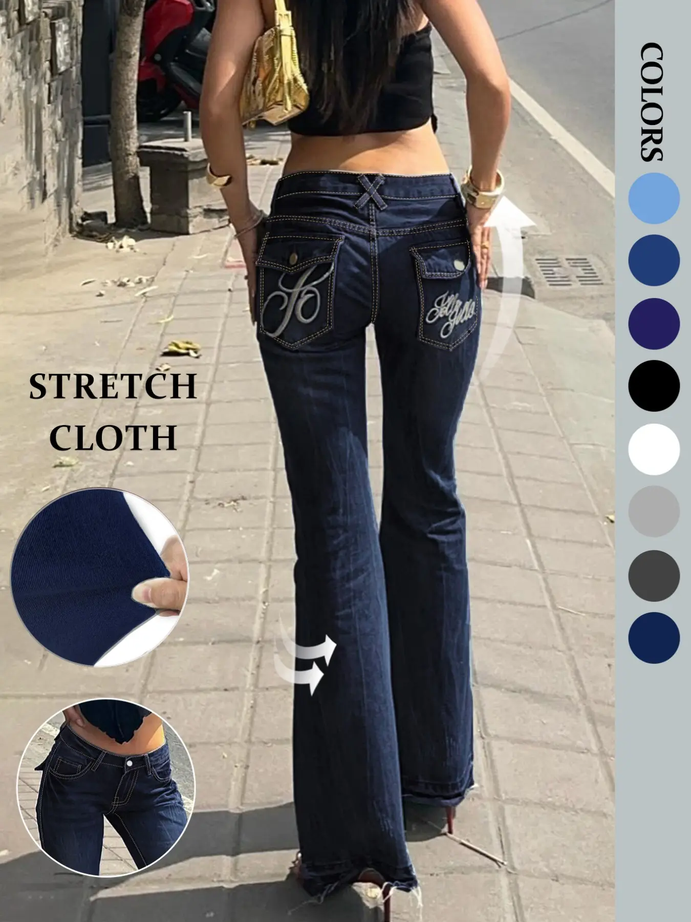 Nvfelix Women's Embroidered High Elasticity Boot Cut Button Jeans, Y2K Vintage Washed Long Pants, Slim Fit Streetwear, Wedding Occasion