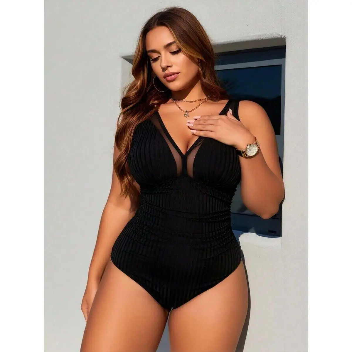 Plus Size Black Ribbed Sheer Mesh V Neck Ruched One Piece Swimsuits For Women
