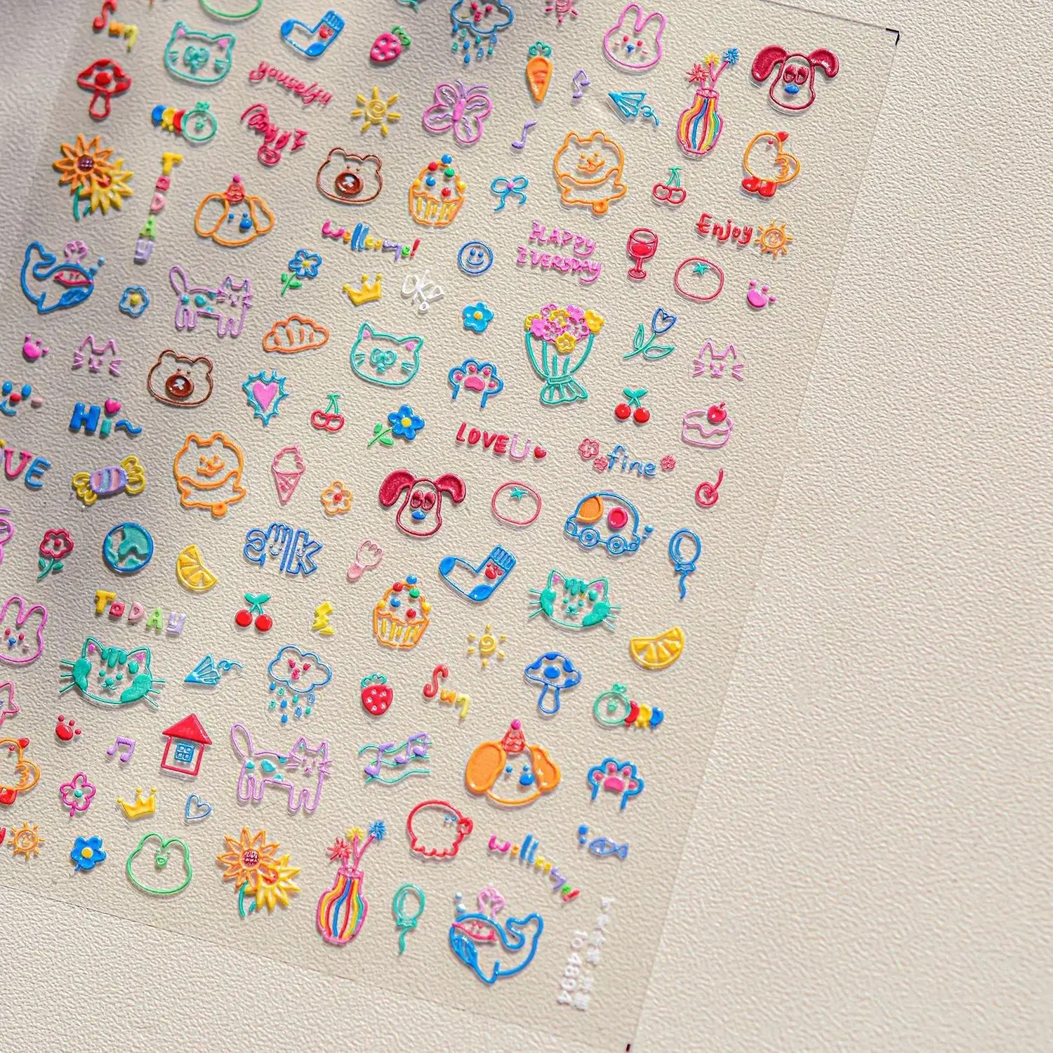 3D-5D Embossed Lovely Self-Adhesive Decorative Stickers, Novelty Print Furniture Stick-Ons & Nail Art Stickers with Cat Claw, Rabbit, Bear, Dog, Flower, Animal, Fruit Designs for Home Decor, Cute