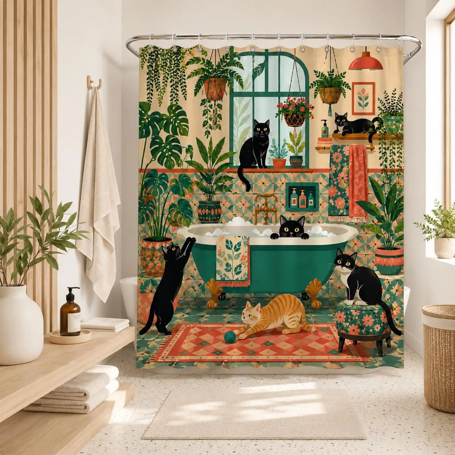 1-Piece Polyester Waterproof Retro Vintage Black Cat Botanical Shower Curtain, Whimsical Urban Jungle Bathroom Decor, Cute Kitten Bath Accessory, One-Piece, Vacuum Cleaner