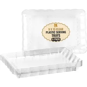 6 Pack 9 x 13 Inch Clear Heavy Duty Disposable Rectangular Plastic Serving Trays for Food Party Serving Platters